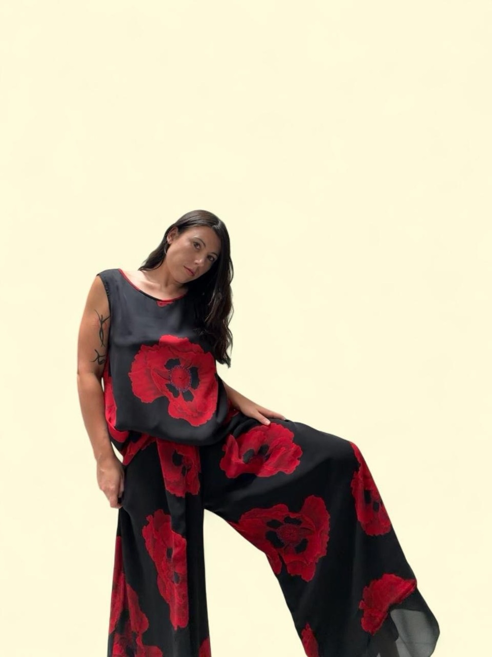 Women's Black Wide-Leg Pants & Top Set with Red Floral Print